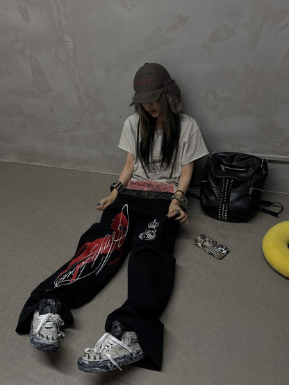 DETW onLine Black Camo Contrast Embroidery Baggy Women&