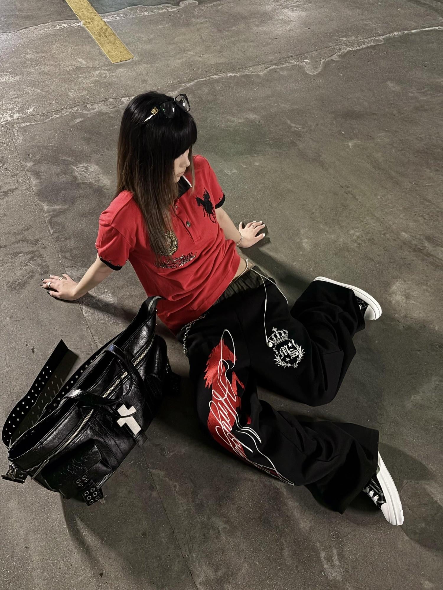 DETW onLine Black Camo Contrast Embroidery Baggy Women&