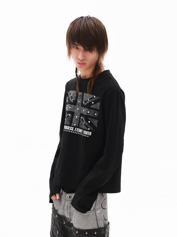 Black Glitter Union Jack Rhinestone Women's Cotton Blend Long Sleeve T-shirts
