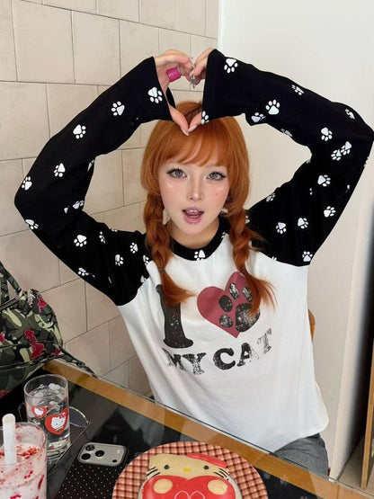 DETW onLine Black Grey Heart Cat Print Spliced Women&
