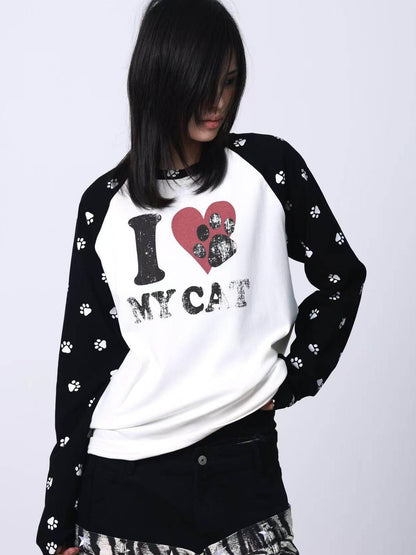 DETW onLine Black Grey Heart Cat Print Spliced Women&