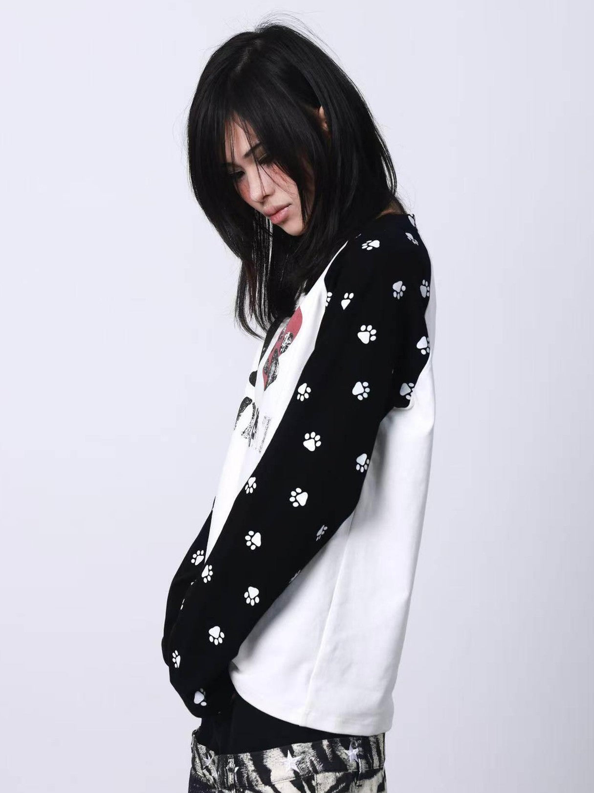 DETW onLine Black Grey Heart Cat Print Spliced Women&