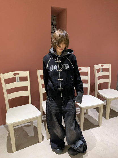 DETW onLine Black Patchwork Metal Buckle Rivet Zip Hooded Women&