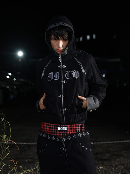 DETW onLine Black Patchwork Metal Buckle Rivet Zip Hooded Women&