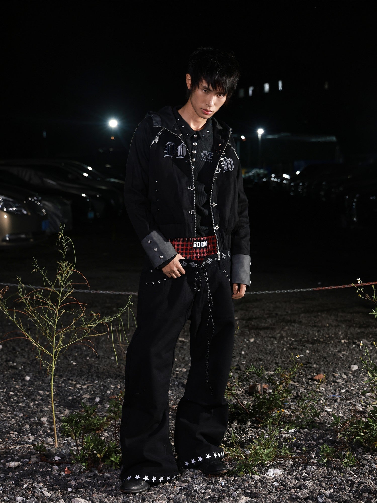 DETW onLine Black Patchwork Metal Buckle Rivet Zip Hooded Women&