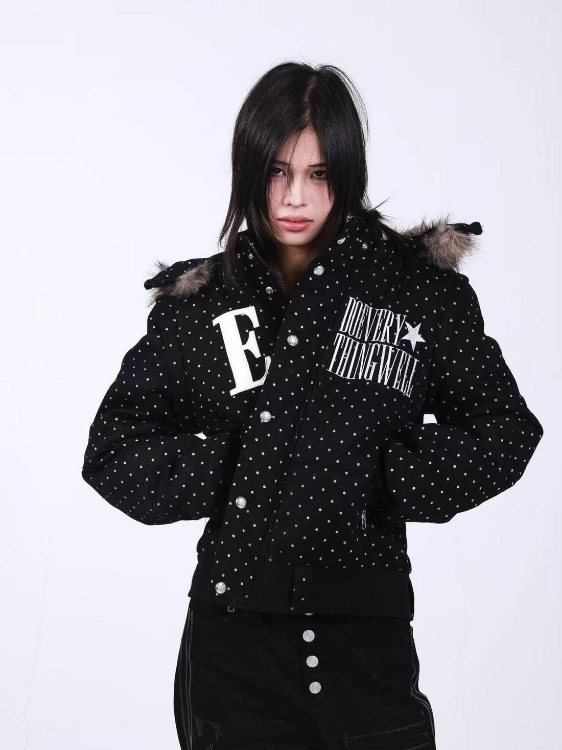DETW onLine Black Polka Dot Detachable Sleeves Hooded Women&