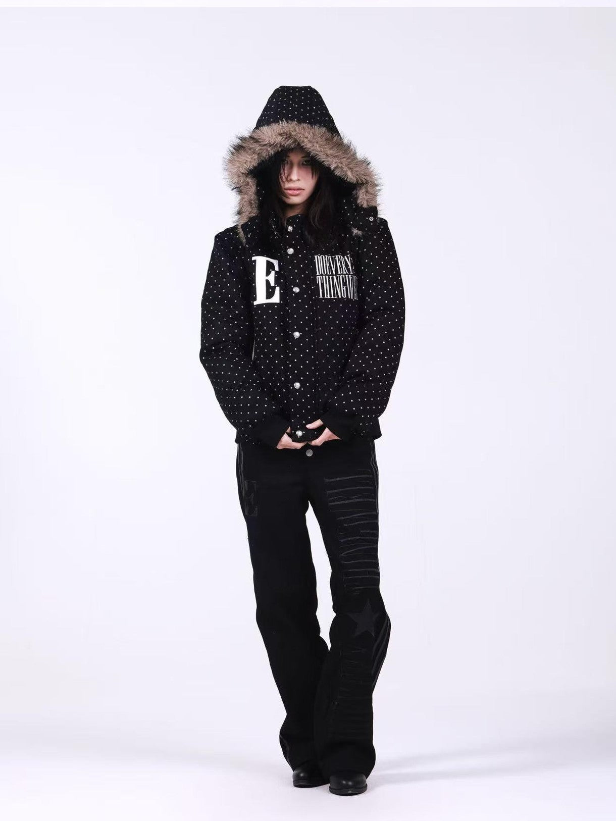 DETW onLine Black Polka Dot Detachable Sleeves Hooded Women&
