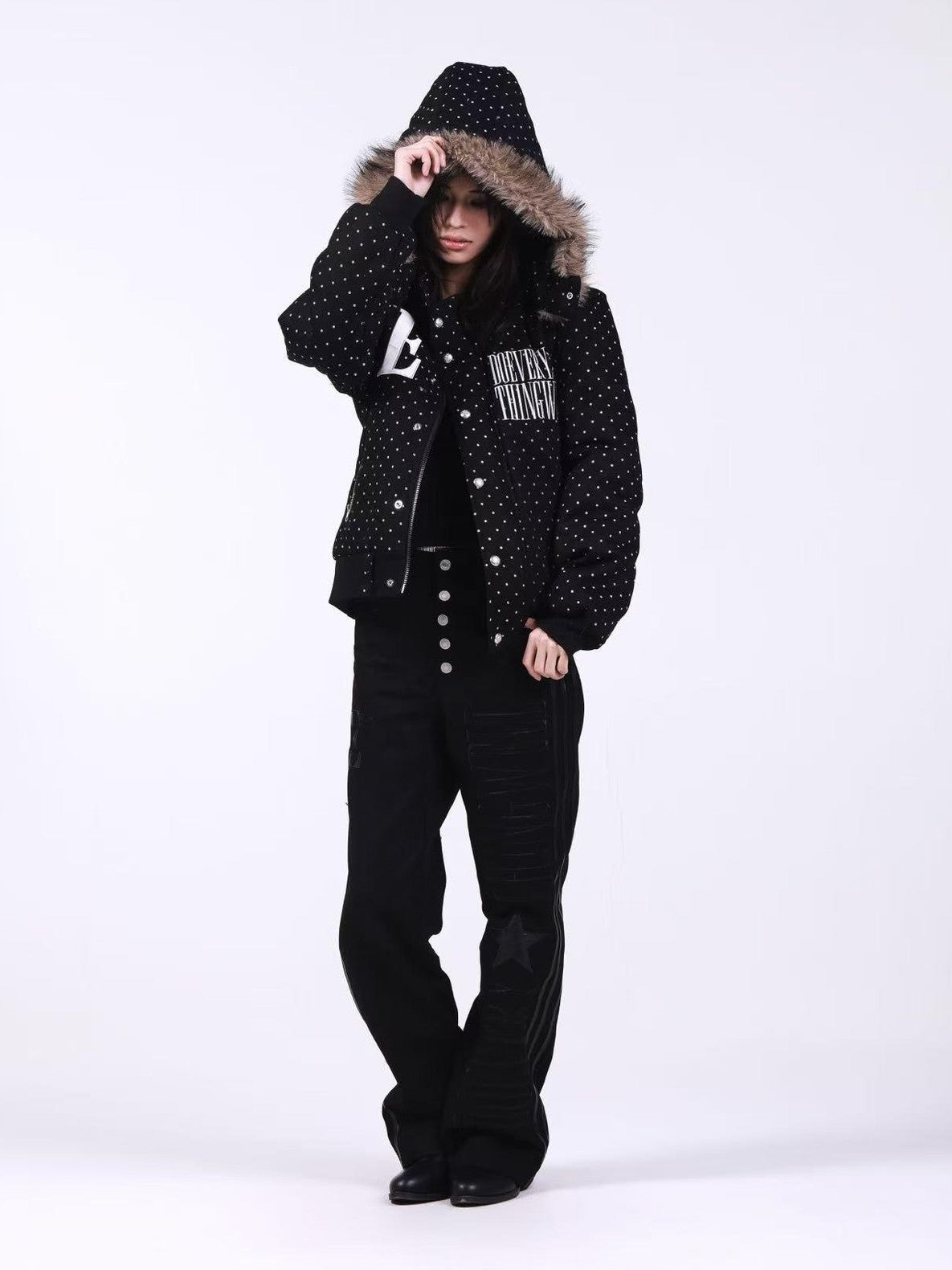 DETW onLine Black Polka Dot Detachable Sleeves Hooded Women&