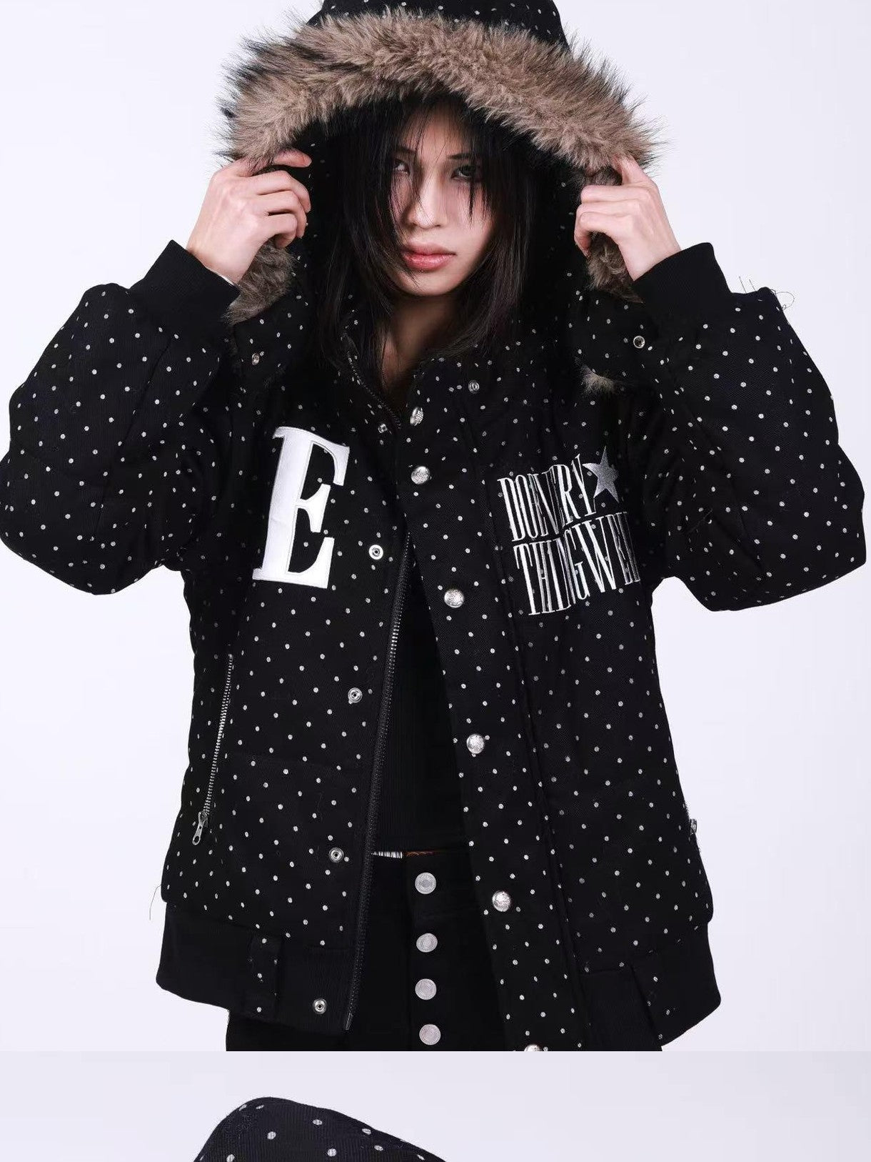 DETW onLine Black Polka Dot Detachable Sleeves Hooded Women&