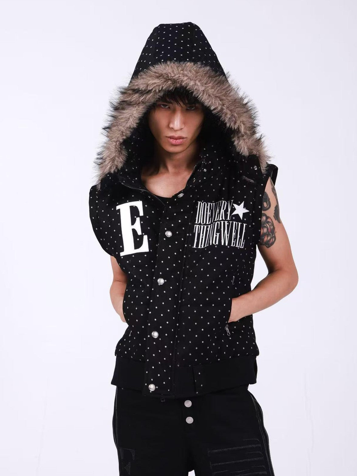 DETW onLine Black Polka Dot Detachable Sleeves Hooded Women&