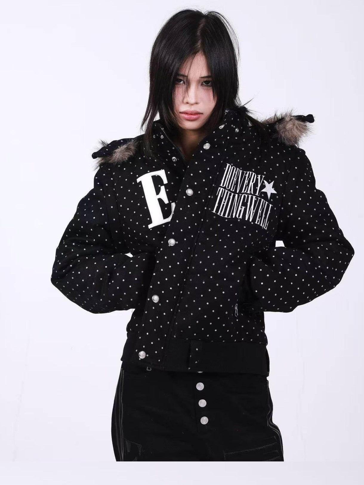 DETW onLine Black Polka Dot Detachable Sleeves Hooded Women&