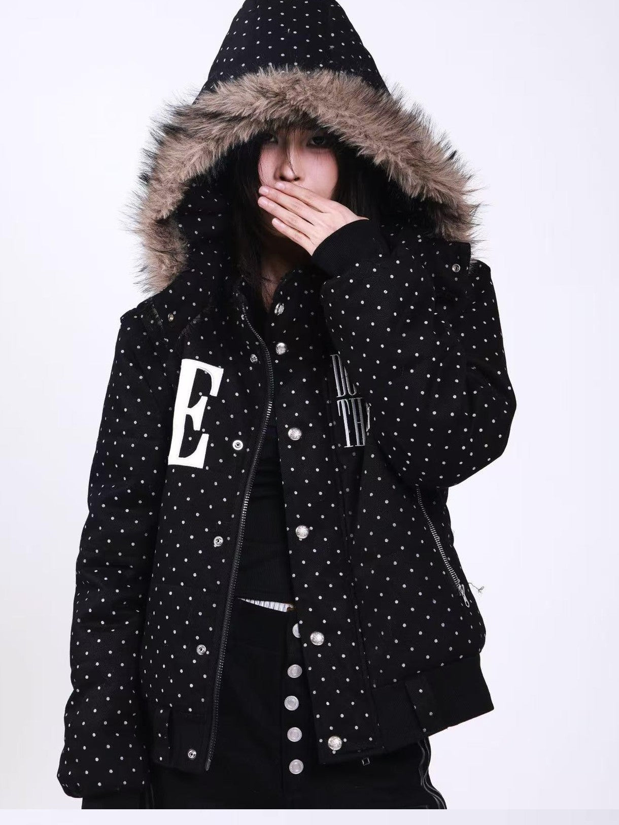 DETW onLine Black Polka Dot Detachable Sleeves Hooded Women&