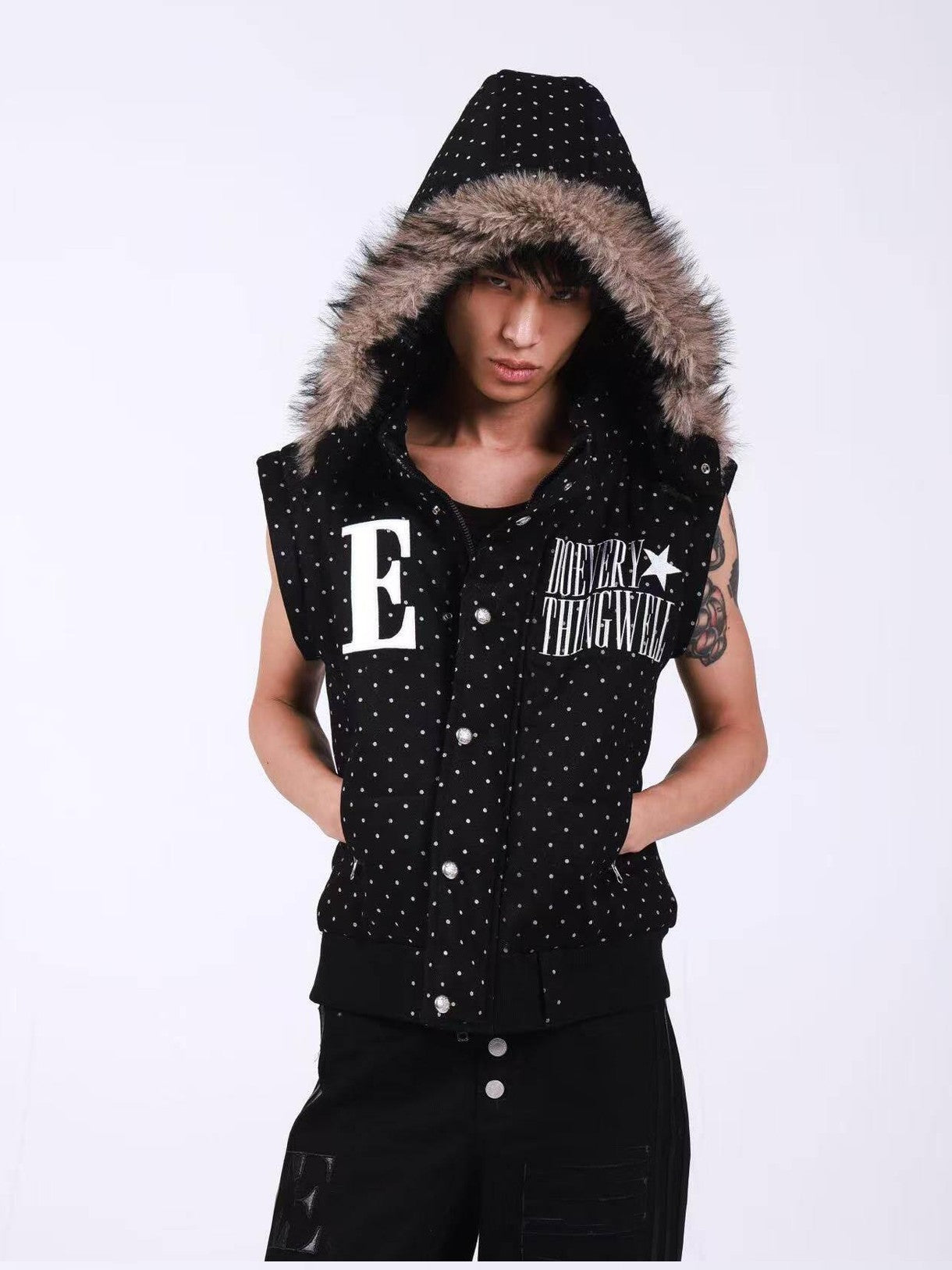 DETW onLine Black Polka Dot Detachable Sleeves Hooded Women&