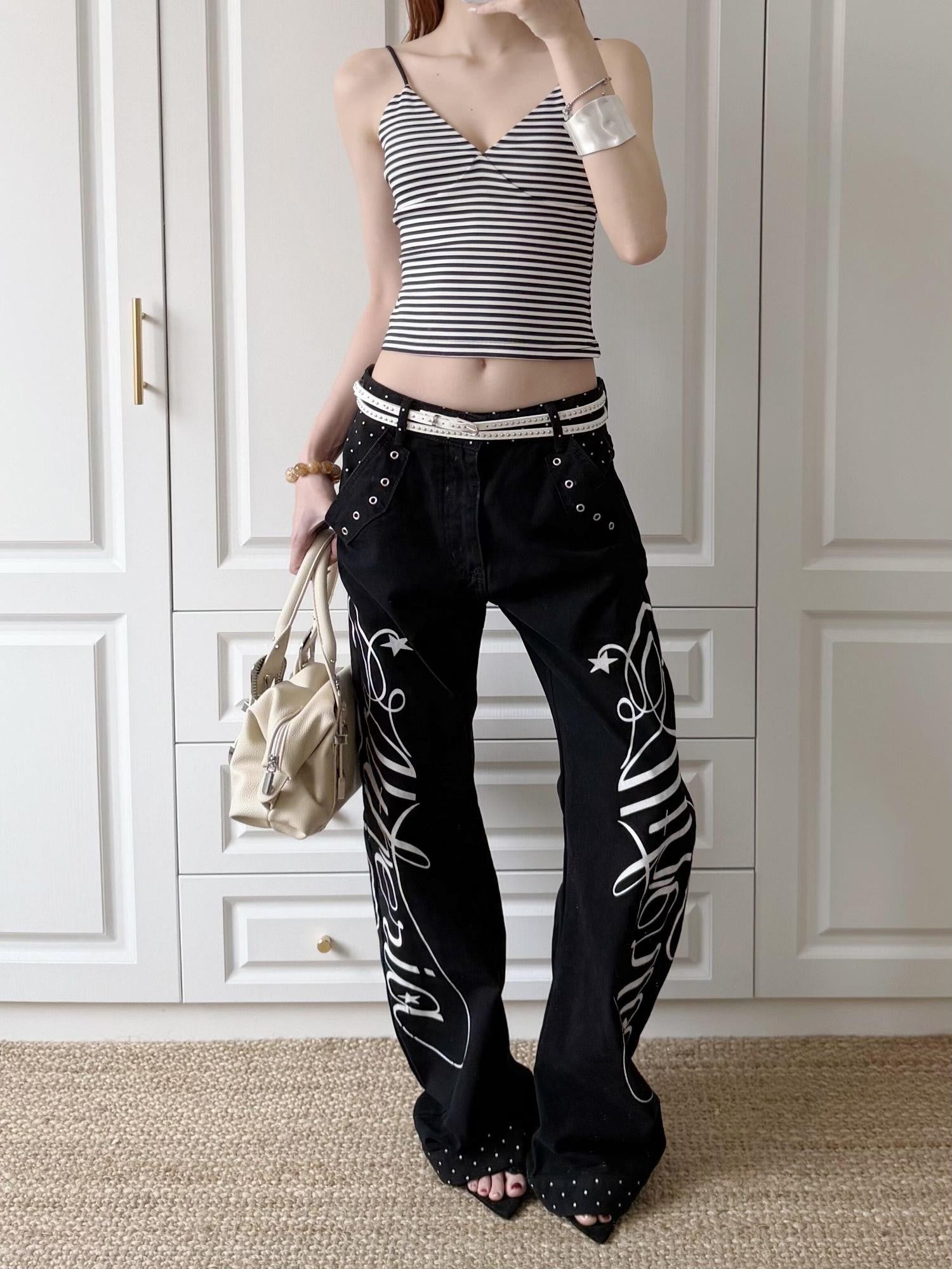 DETW onLine Black Polka Dot Patchwork Mid Rise Women&