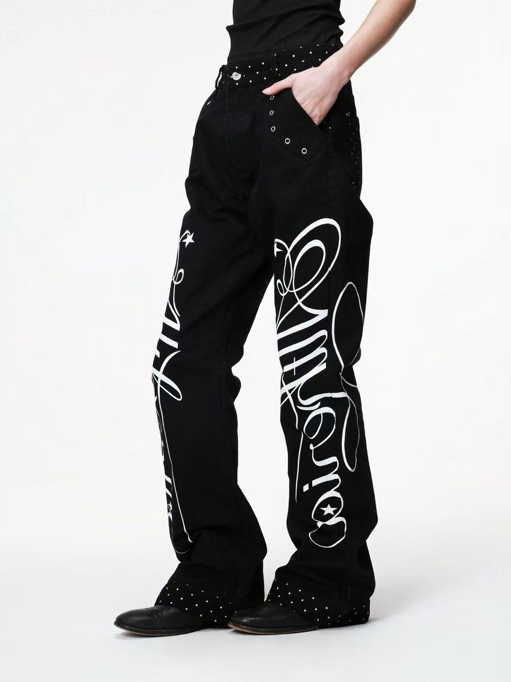 DETW onLine Black Polka Dot Patchwork Mid Rise Women&