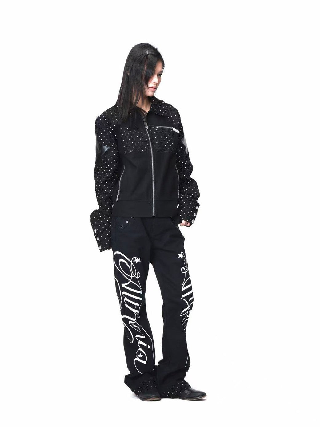 DETW onLine Black Polka Dot Patchwork Mid Rise Women&