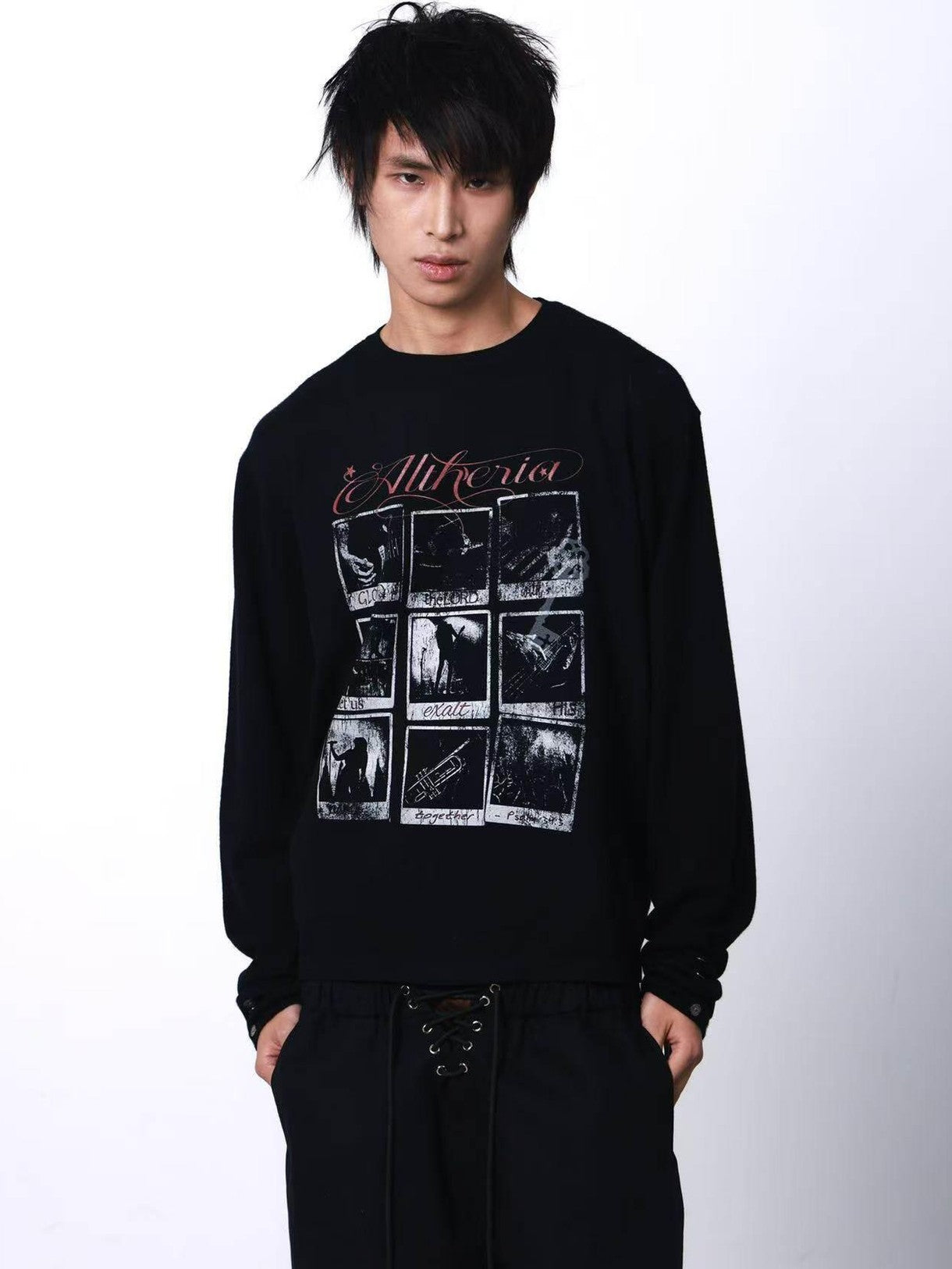 DETW onLine Black Portrait Grid Slogan Print Dark Punk Embroidered Women&