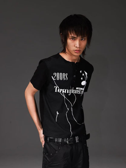 DETW onLine Black Portrait Print Henley Women&