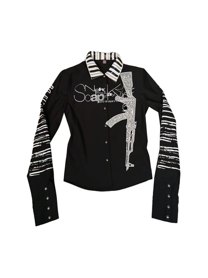 DETW onLine Black Rhinestone Slogan Heat Transfer Twill Collar Women&