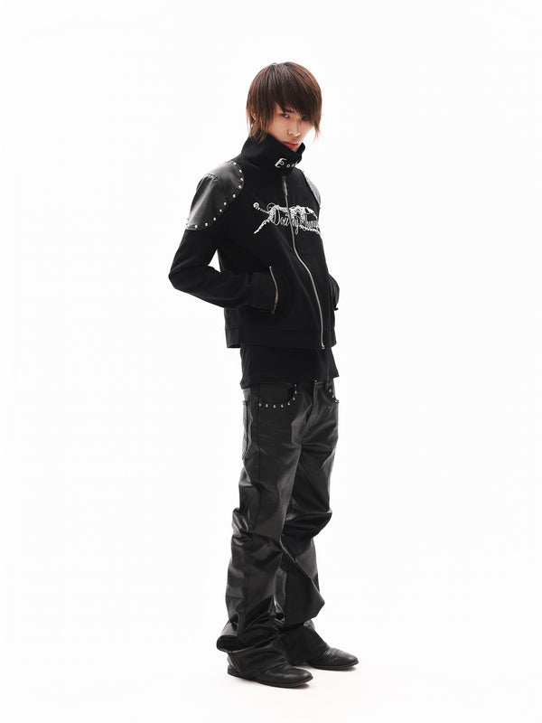Black Rivet Hotfix Embroidery Stand Collar Women's Cotton Casual Jackets