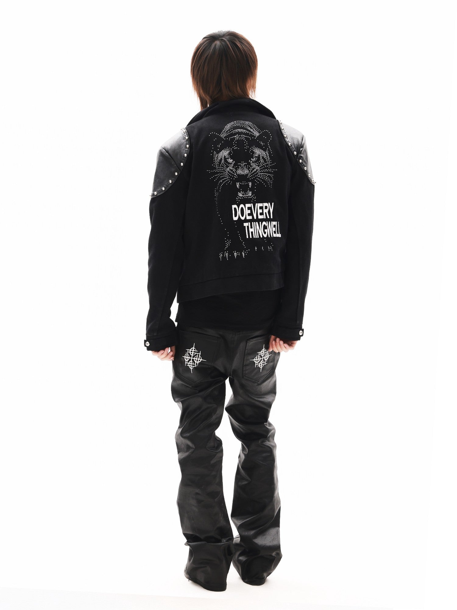 DETW onLine Black Rivet Hotfix Embroidery Stand Collar Women&