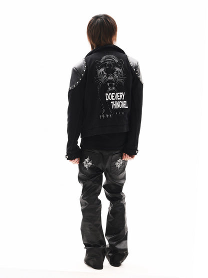 DETW onLine Black Rivet Hotfix Embroidery Stand Collar Women&