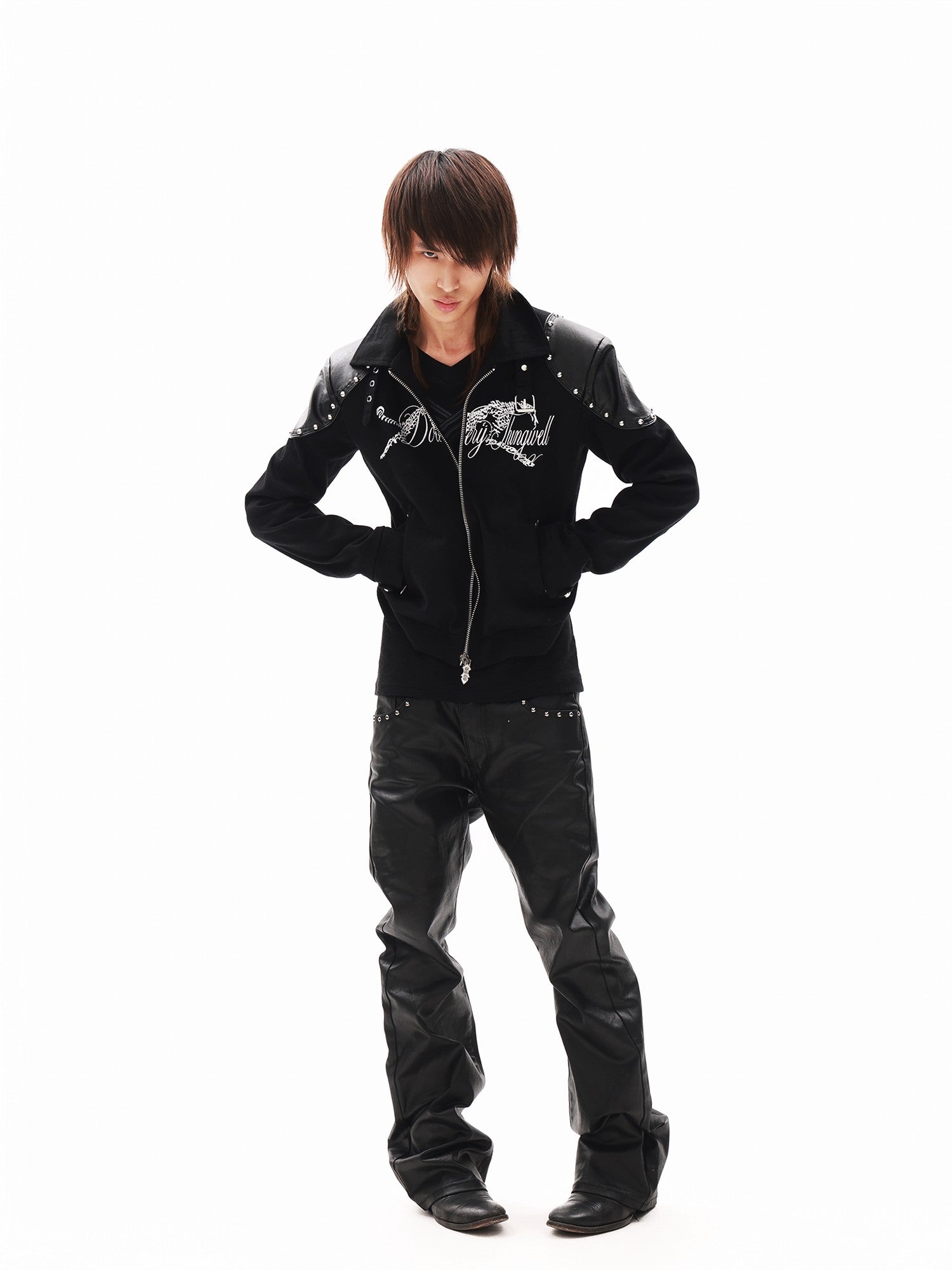 DETW onLine Black Rivet Hotfix Embroidery Stand Collar Women&