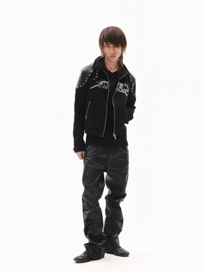 DETW onLine Black Rivet Hotfix Embroidery Stand Collar Women&