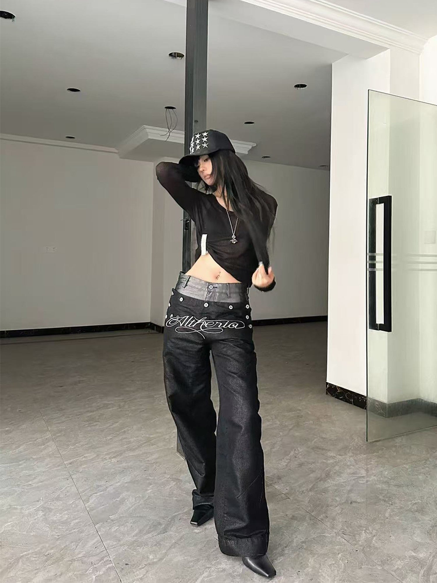 DETW onLine Black Silver Double Waist Splice Button Women&