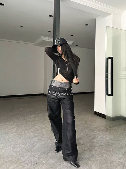 DETW onLine Black Silver Double Waist Splice Button Women&