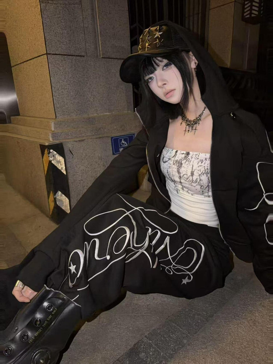 DETW onLine Black Terry Embroidery Geometric Straight Drawstring Women&