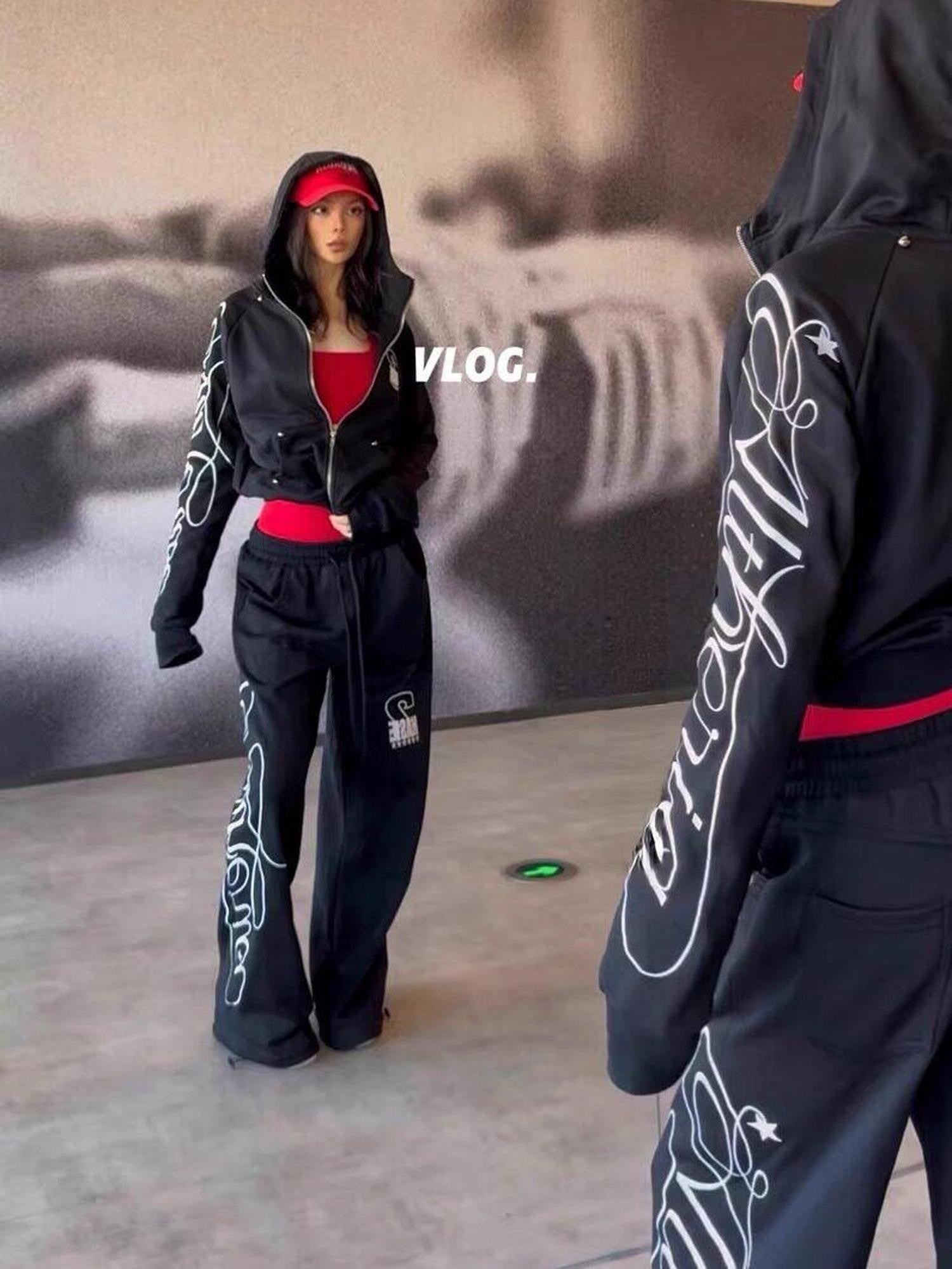 DETW onLine Black Terry Embroidery Geometric Straight Drawstring Women&