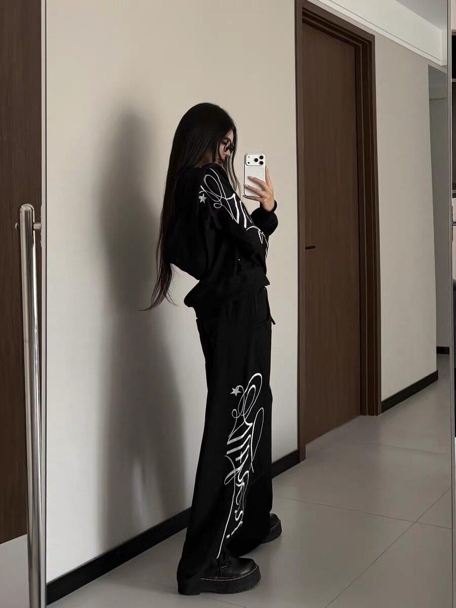DETW onLine Black Terry Embroidery Geometric Straight Drawstring Women&