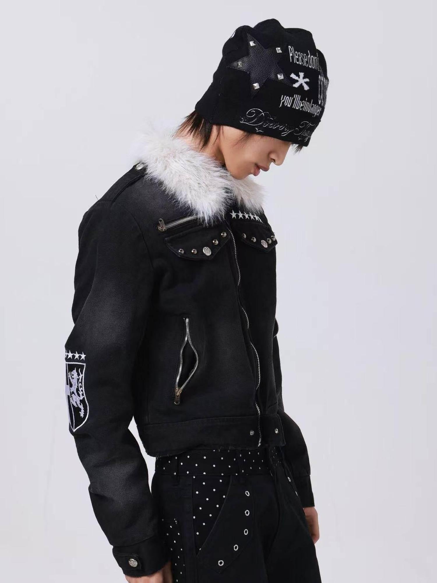 DETW onLine Black White Jacquard Star Studs Litchi Leather Embroidery Women&