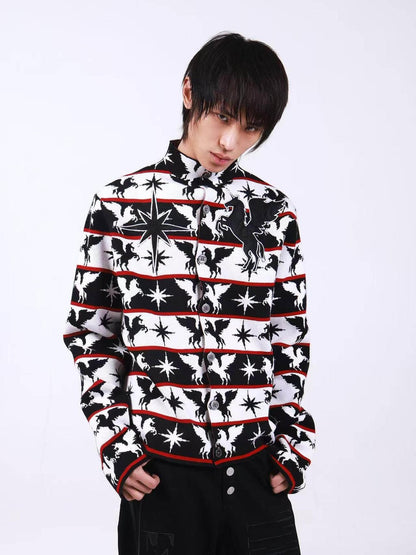 DETW onLine Black White Pegasus Starry Animal Knit Stand Collar Women&