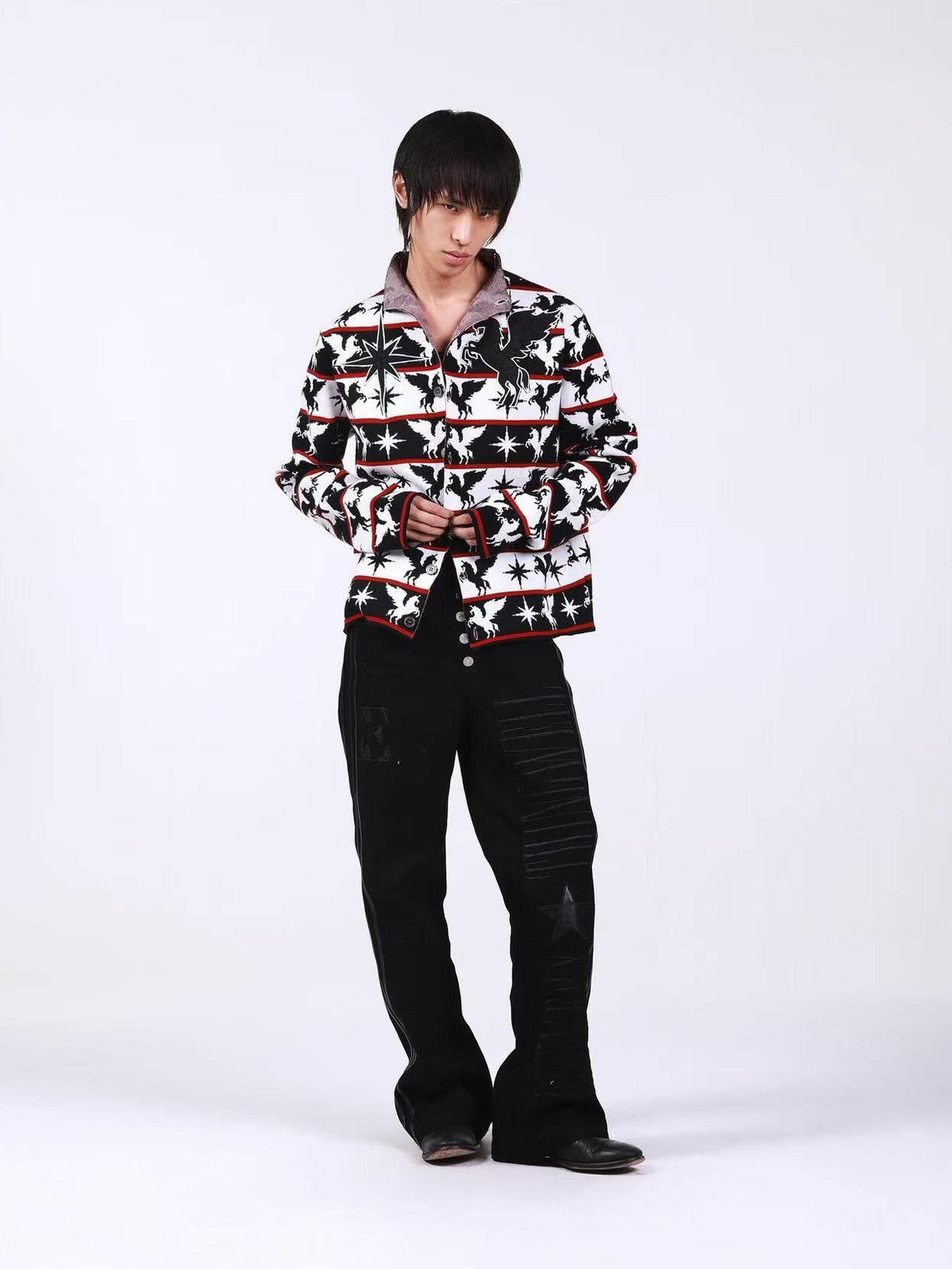 DETW onLine Black White Pegasus Starry Animal Knit Stand Collar Women&