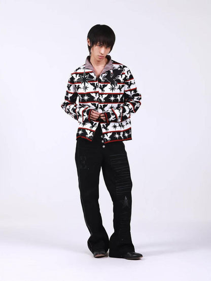 DETW onLine Black White Pegasus Starry Animal Knit Stand Collar Women&