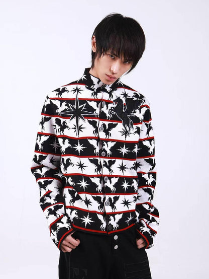 DETW onLine Black White Pegasus Starry Animal Knit Stand Collar Women&