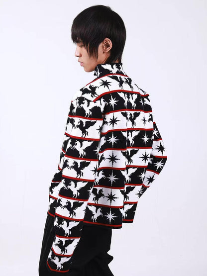 DETW onLine Black White Pegasus Starry Animal Knit Stand Collar Women&