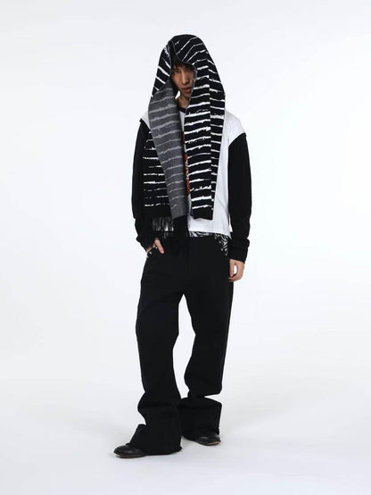 DETW onLine Black White Striped Distressed Thorn Knit Tassel Women&