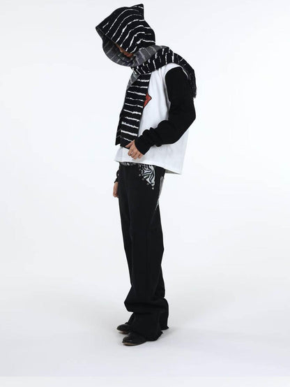 DETW onLine Black White Striped Distressed Thorn Knit Tassel Women&