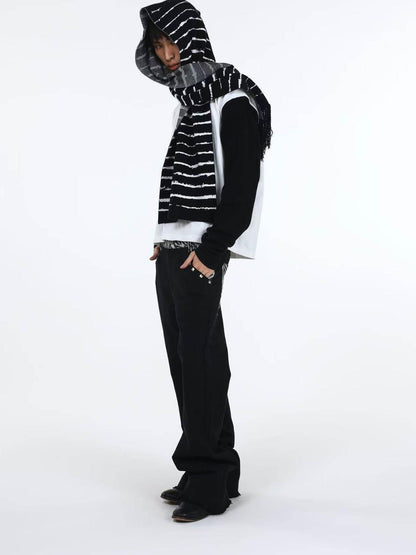 DETW onLine Black White Striped Distressed Thorn Knit Tassel Women&