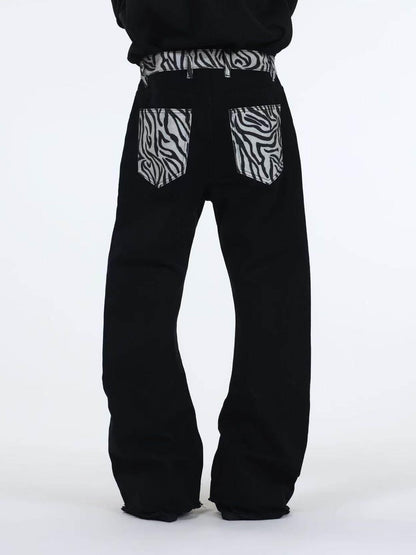 DETW onLine Black Zebra Print Patchwork Contrast Layered Curved Women&