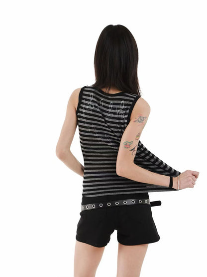 DETW onLine Broken Note Slogan Print Ribbed Black Gray Striped Women&