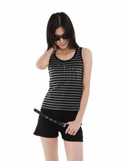 DETW onLine Broken Note Slogan Print Ribbed Black Gray Striped Women&