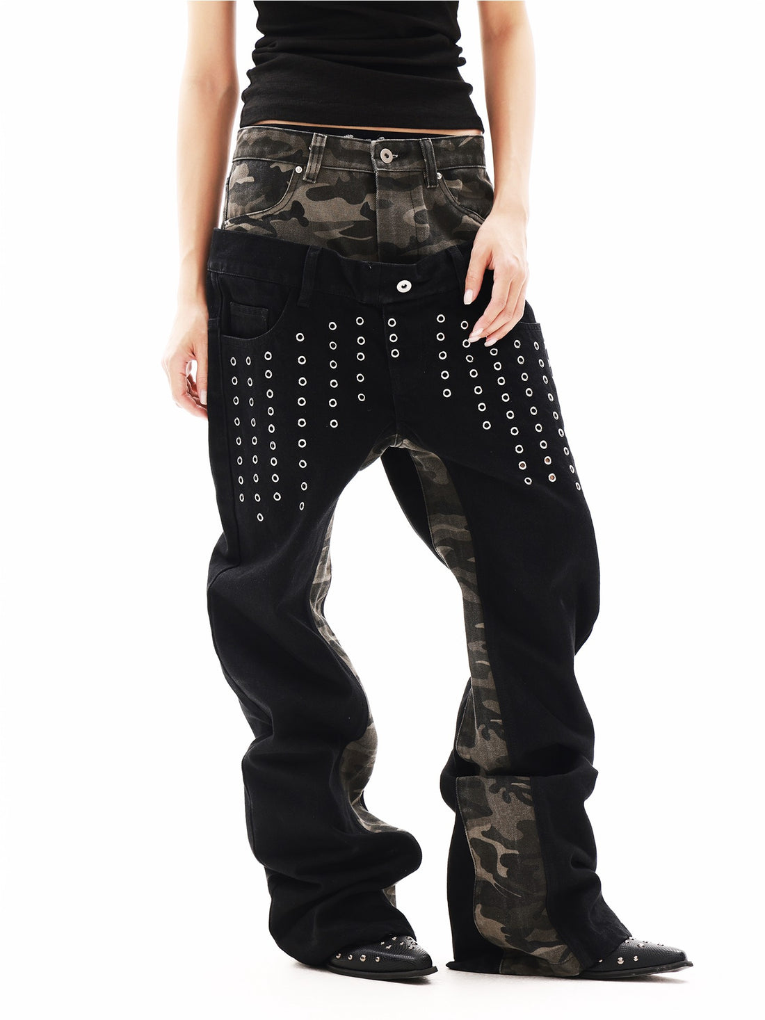 DETW onLine Camo Grommet Rivet Patchwork Double Waist Women&