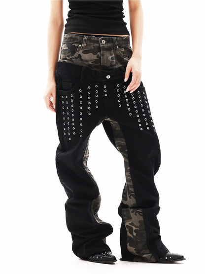 DETW onLine Camo Grommet Rivet Patchwork Double Waist Women&