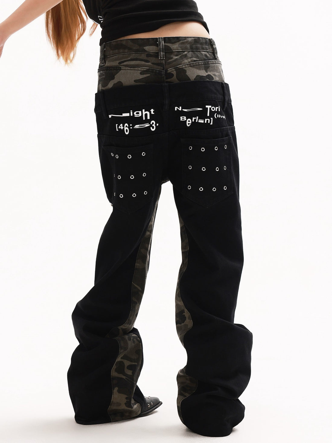 DETW onLine Camo Grommet Rivet Patchwork Double Waist Women&