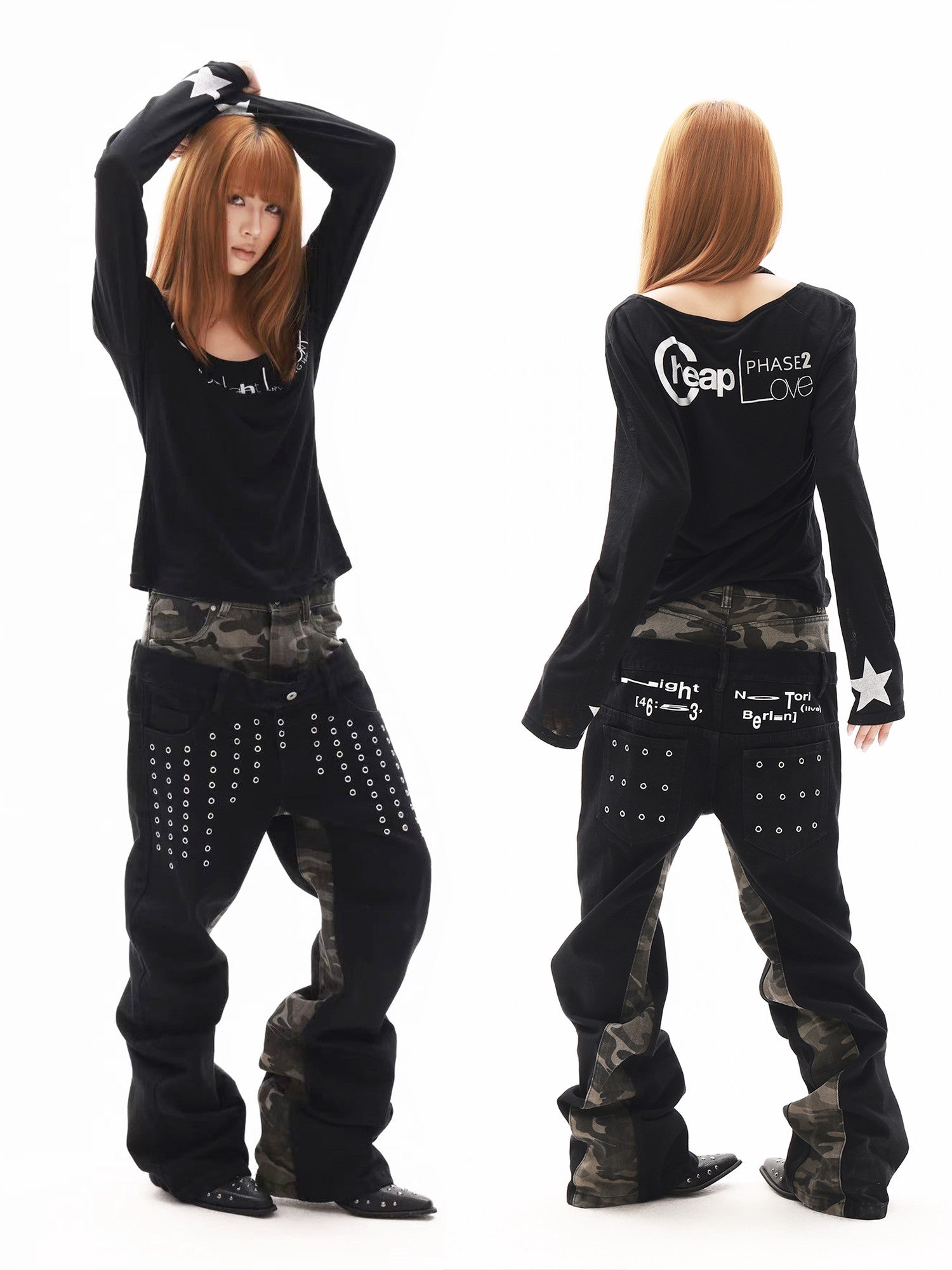 DETW onLine Camo Grommet Rivet Patchwork Double Waist Women&