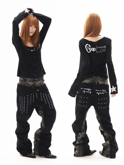 DETW onLine Camo Grommet Rivet Patchwork Double Waist Women&